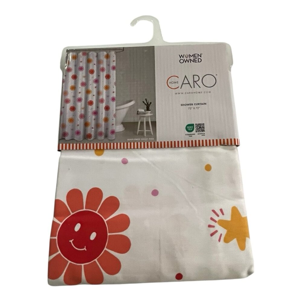 Caro Home Shower Curtain White Fabric W Sunflower Smiley Pink Whimsy Girly